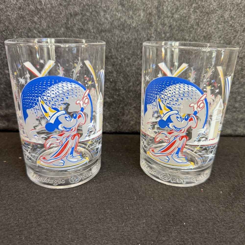 Pair Walt Disney World 25th Anniversary Magic Kingdom Glasses Cup Vintage 1996